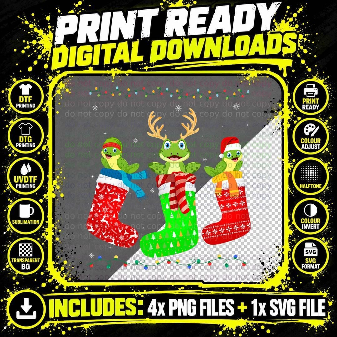 Frog in Xmas Socks Funny Holiday Ugly Sweater Christmas Png SVG Digital Bundle