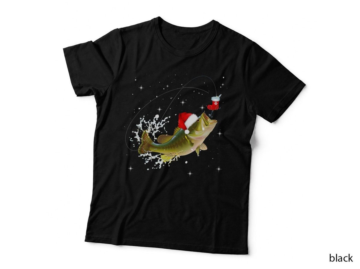 Funny Bass Fishing Santa Hat Christmas T-Shirt, Festive Fishing Theme