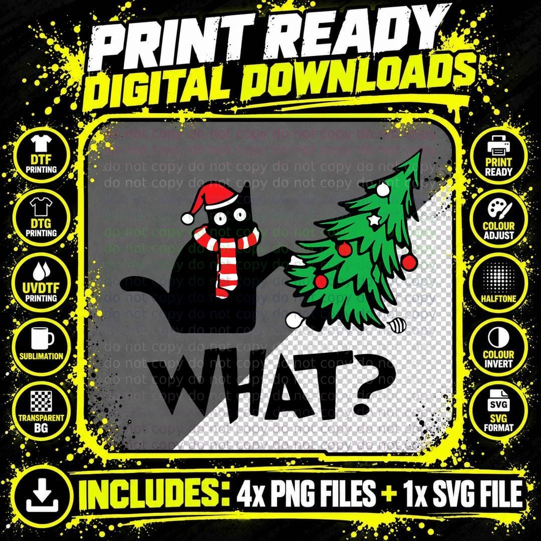 Funny Black Cat Gifts Pushing Christmas Tree Over Cat Png SVG Digital Bundle