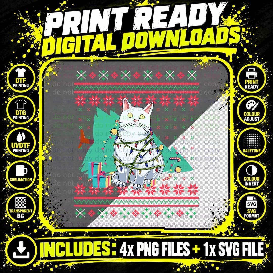 Funny Cat Christmas Tree Ugly Christmas Sweater T-Shirt Png SVG Digital Bundle