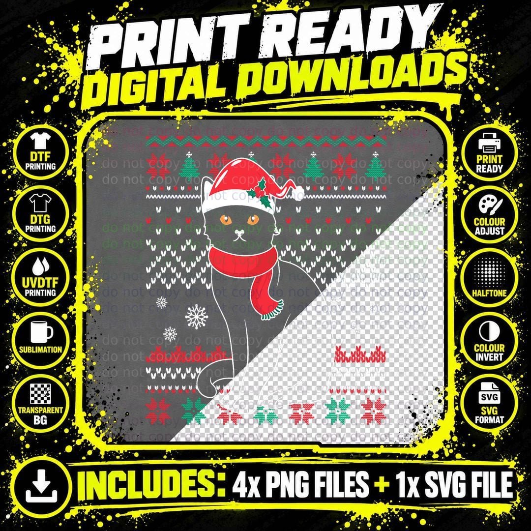 Funny Cat Lovers Cute Cat Santa Hat Ugly Christmas Png SVG Digital Bundle