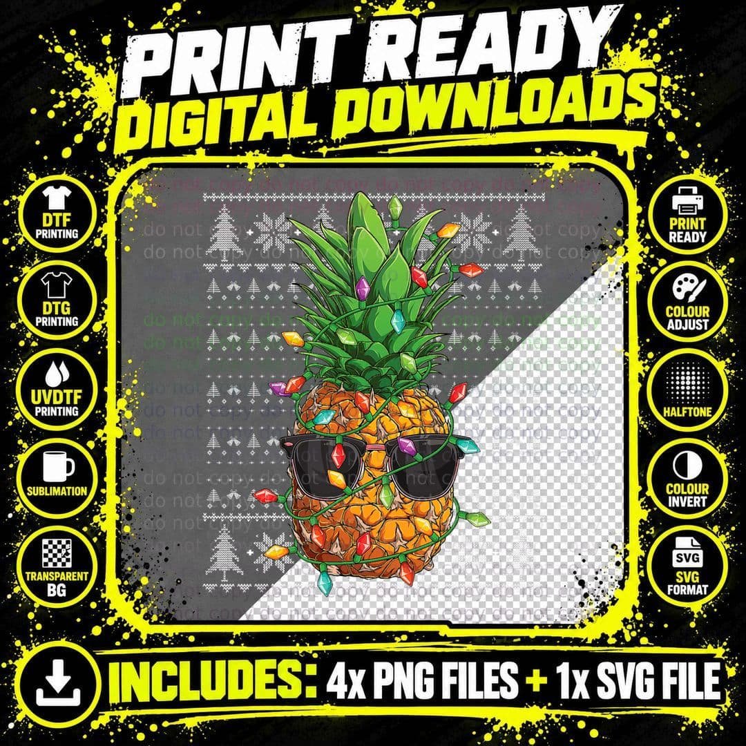 Funny Christmas Pineapple T-Shirt, Ugly Sweater Style Png SVG Digital Bundle