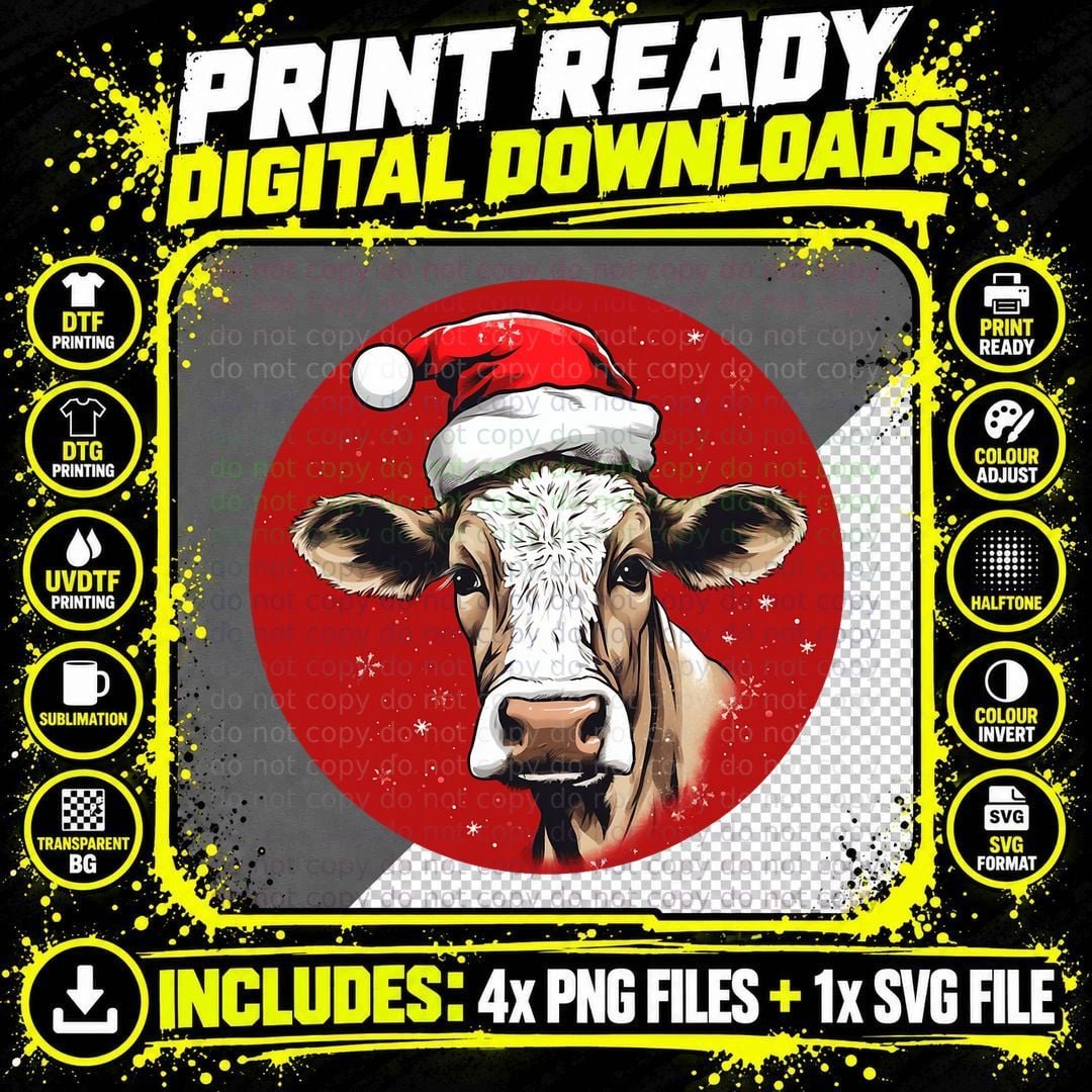 Funny Cow Christmas T-Shirt, Festive Animal Print Png SVG Digital Bundle