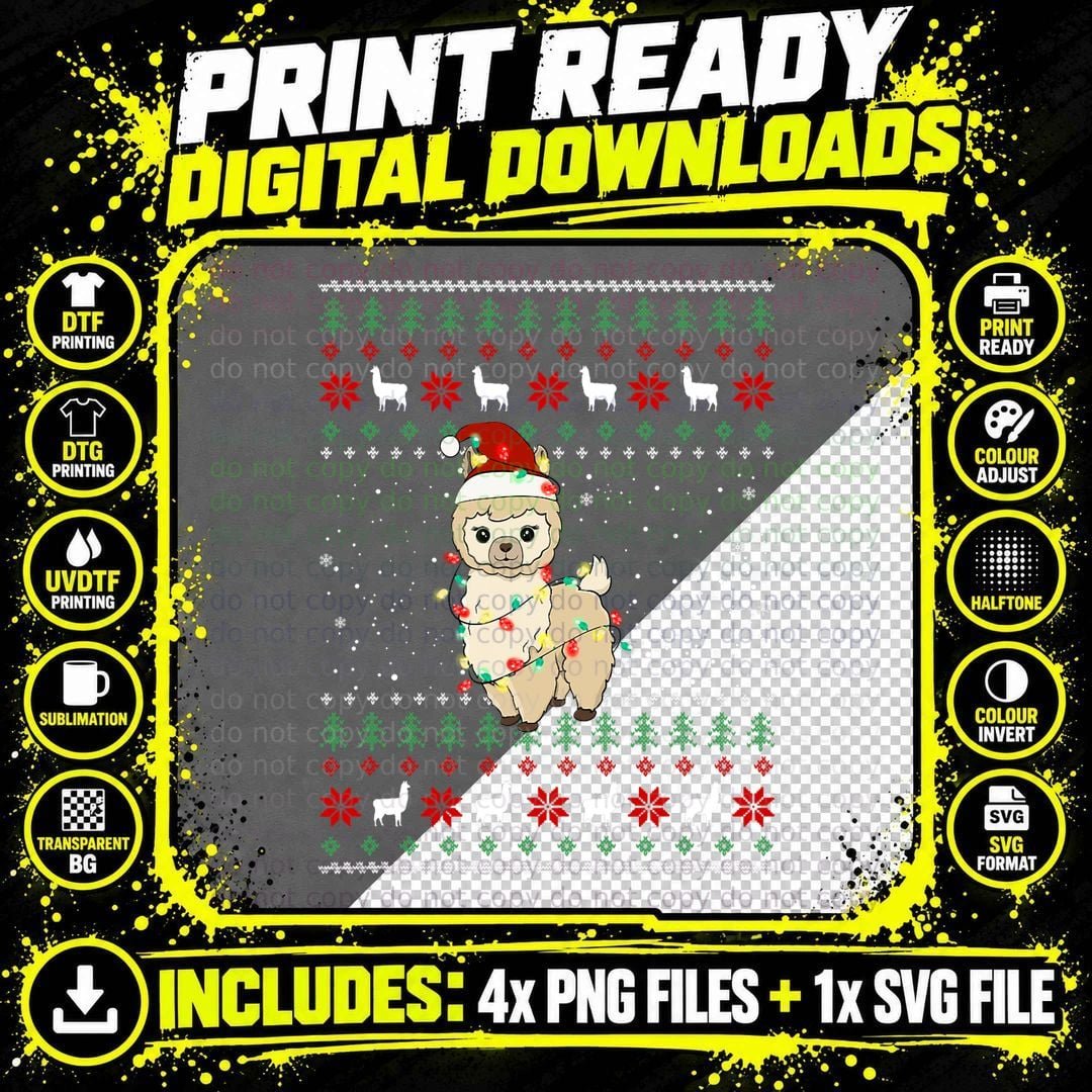 Funny Llama Christmas Ugly Sweater T-Shirt Png SVG Digital Bundle