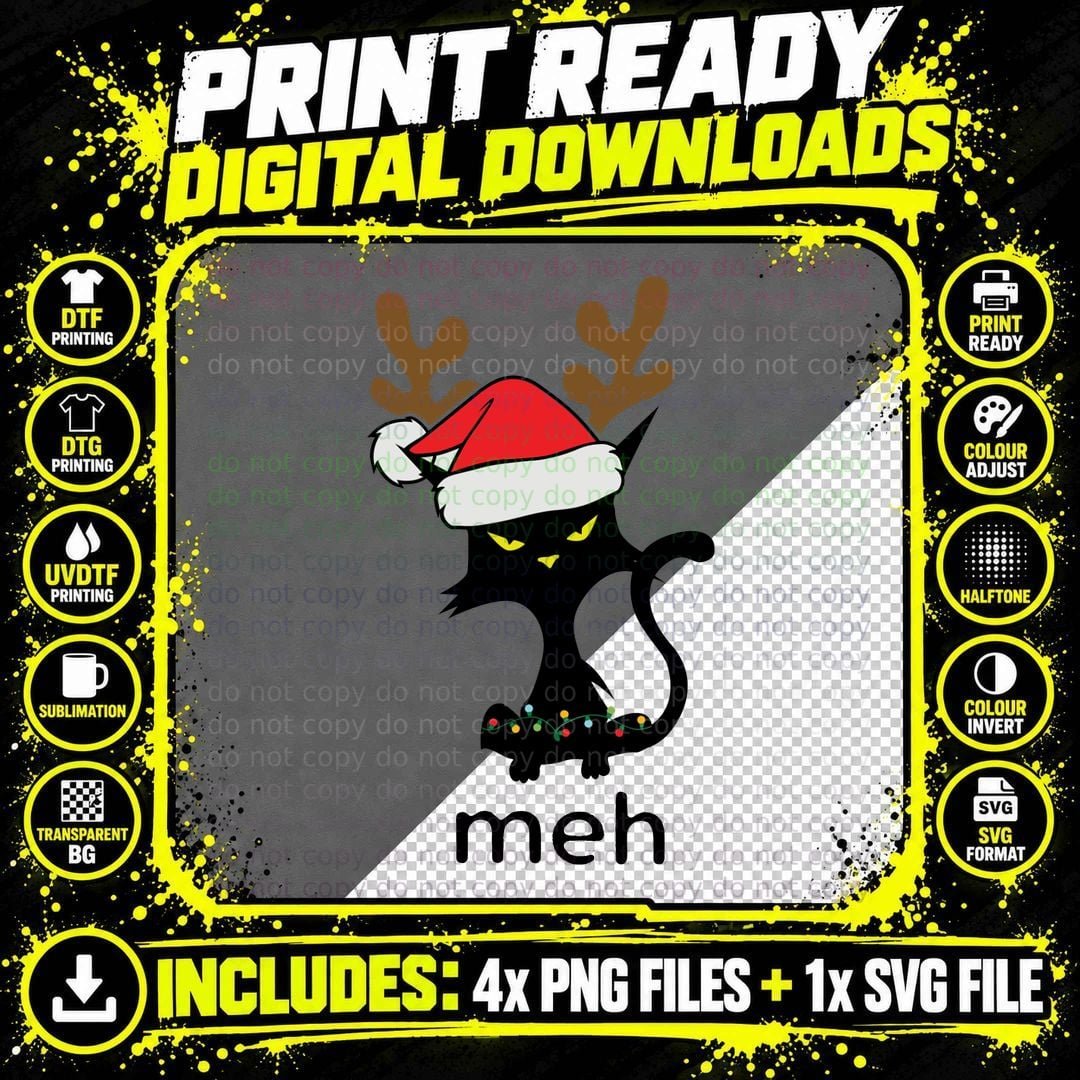Funny Meh Cat T-Shirt, Ugly Christmas Sweater Png SVG Digital Bundle