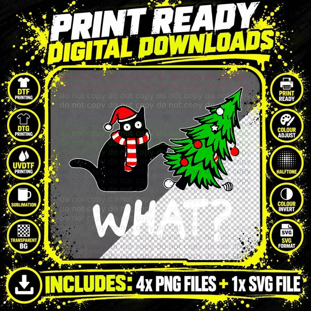 Funny Naughty Black Cat Pushing Christmas Tree Over Cat Png SVG Digital Bundle
