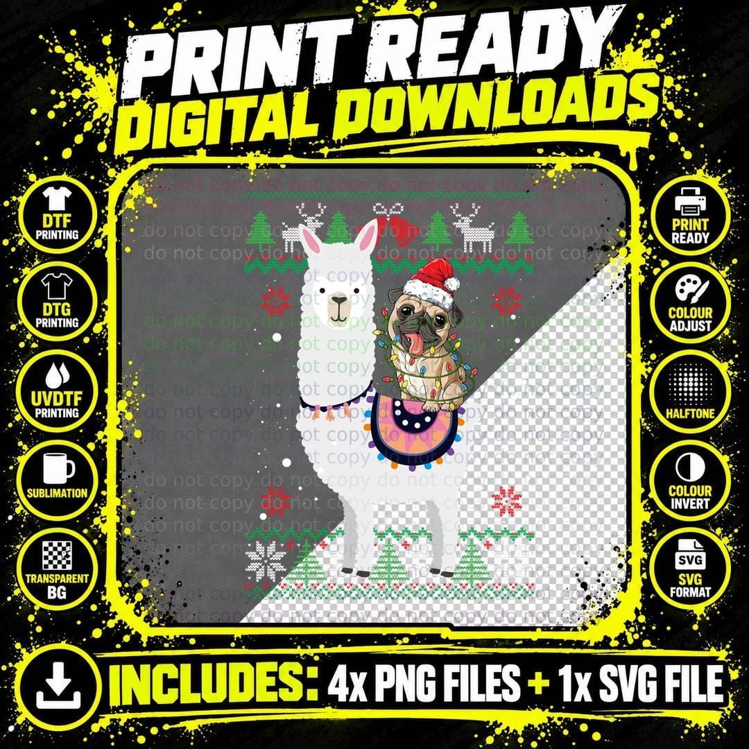 Funny Pug Riding Llama Christmas Sweatshirt Png SVG Digital Bundle