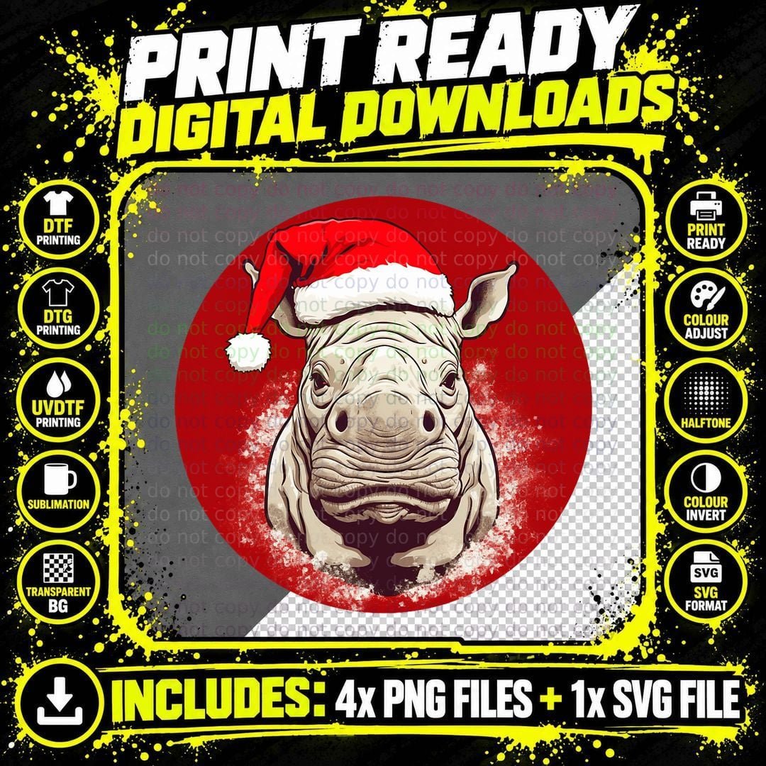 Funny Rhino Christmas T-Shirt, Festive Animal Print Png SVG Digital Bundle