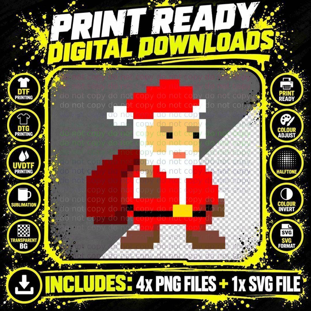 Gamer Santa Claus 80's Pixel Art T-Shirt Png SVG Digital Bundle