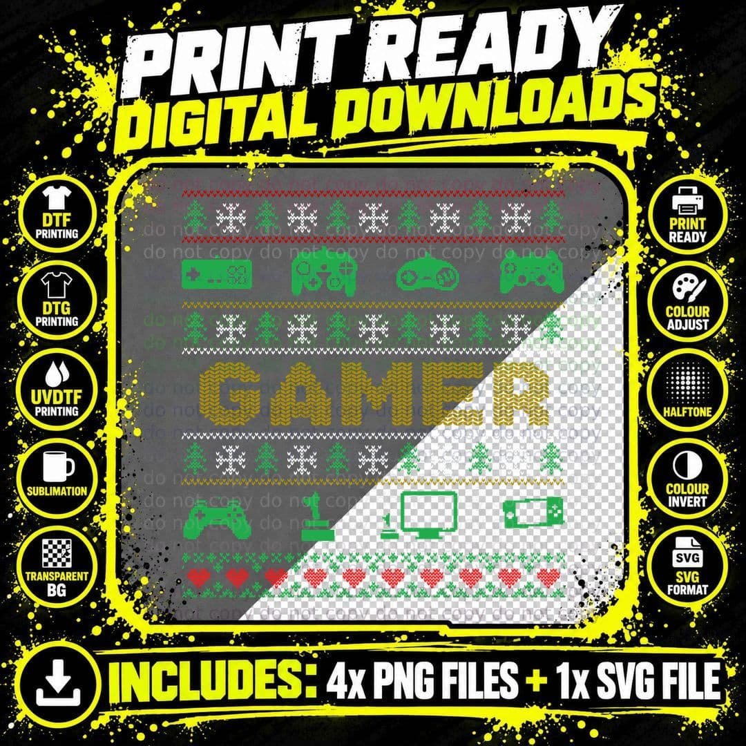 Gamer Ugly Sweater T-Shirt, Ugly Christmas Sweater Style Png SVG Digital Bundle