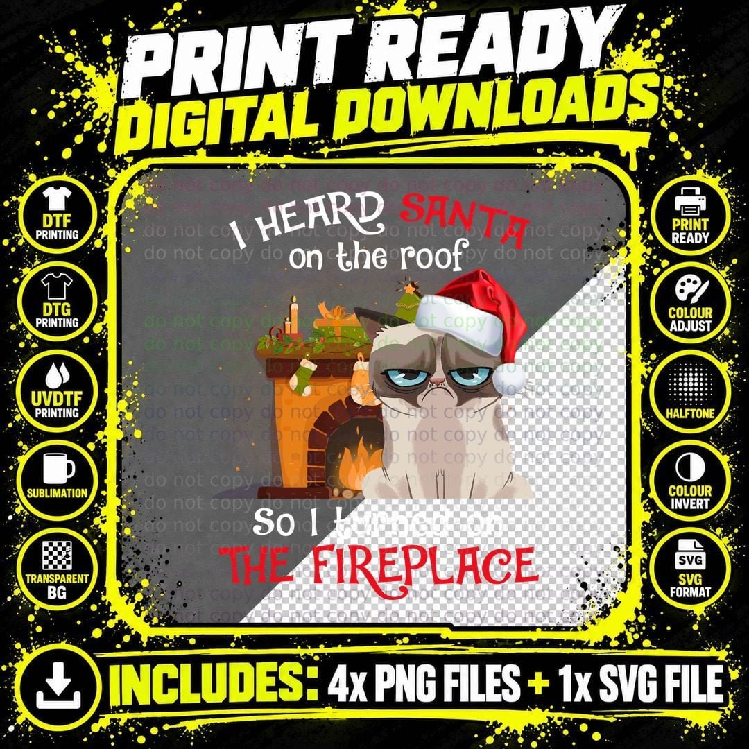 Grumpy Cat Santa Fireplace T-Shirt, Christmas Humor Png SVG Digital Bundle