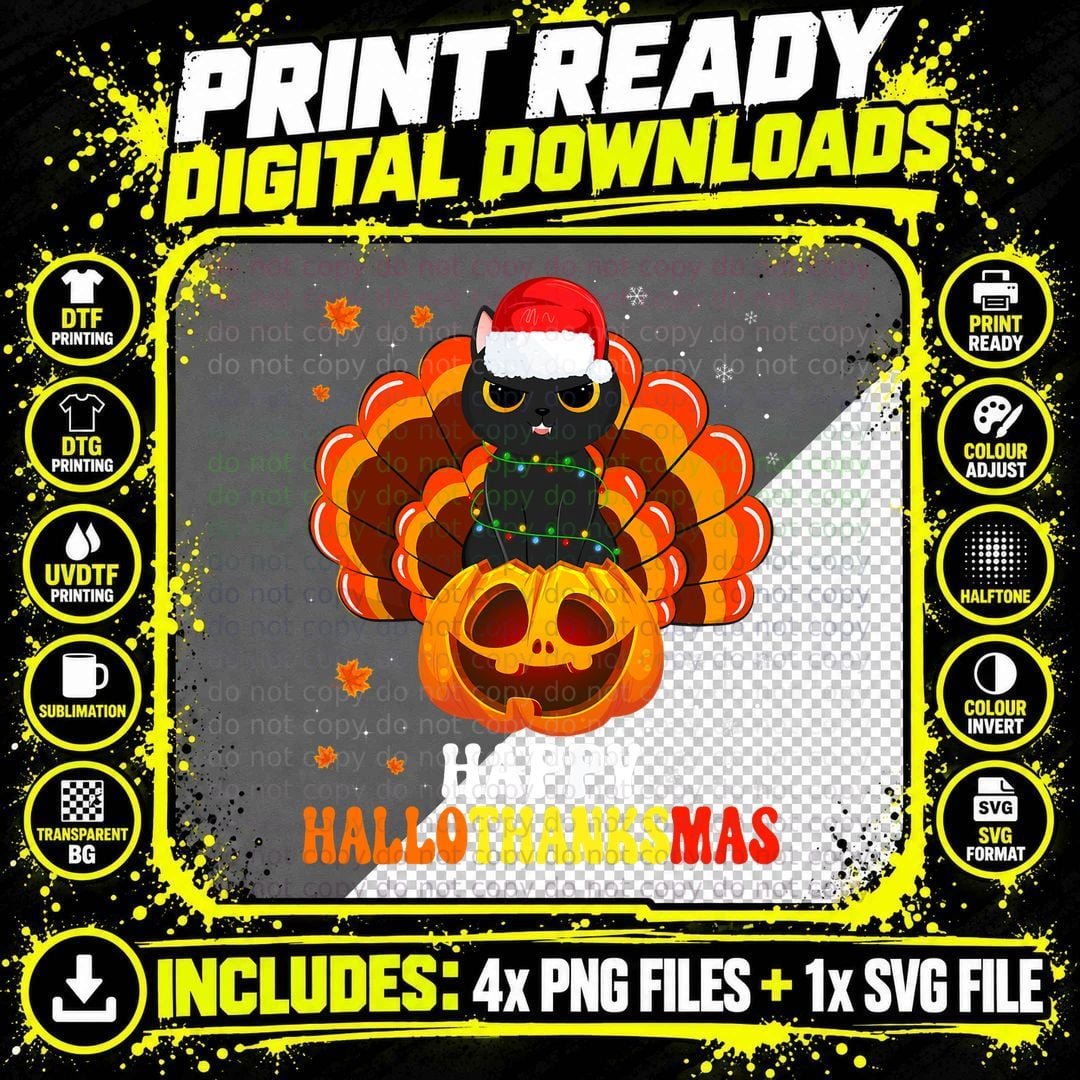 Hallothanksmas Black Cat Lover Santa Pumpkin T-Shirt Png SVG Digital Bundle