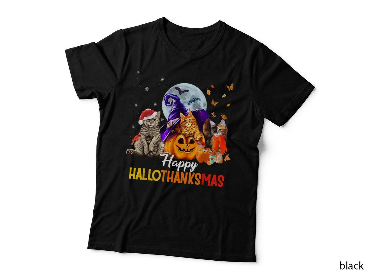 Happy Hallothanksmas Cat T-Shirt, Halloween Christmas, Pet Lover Apparel