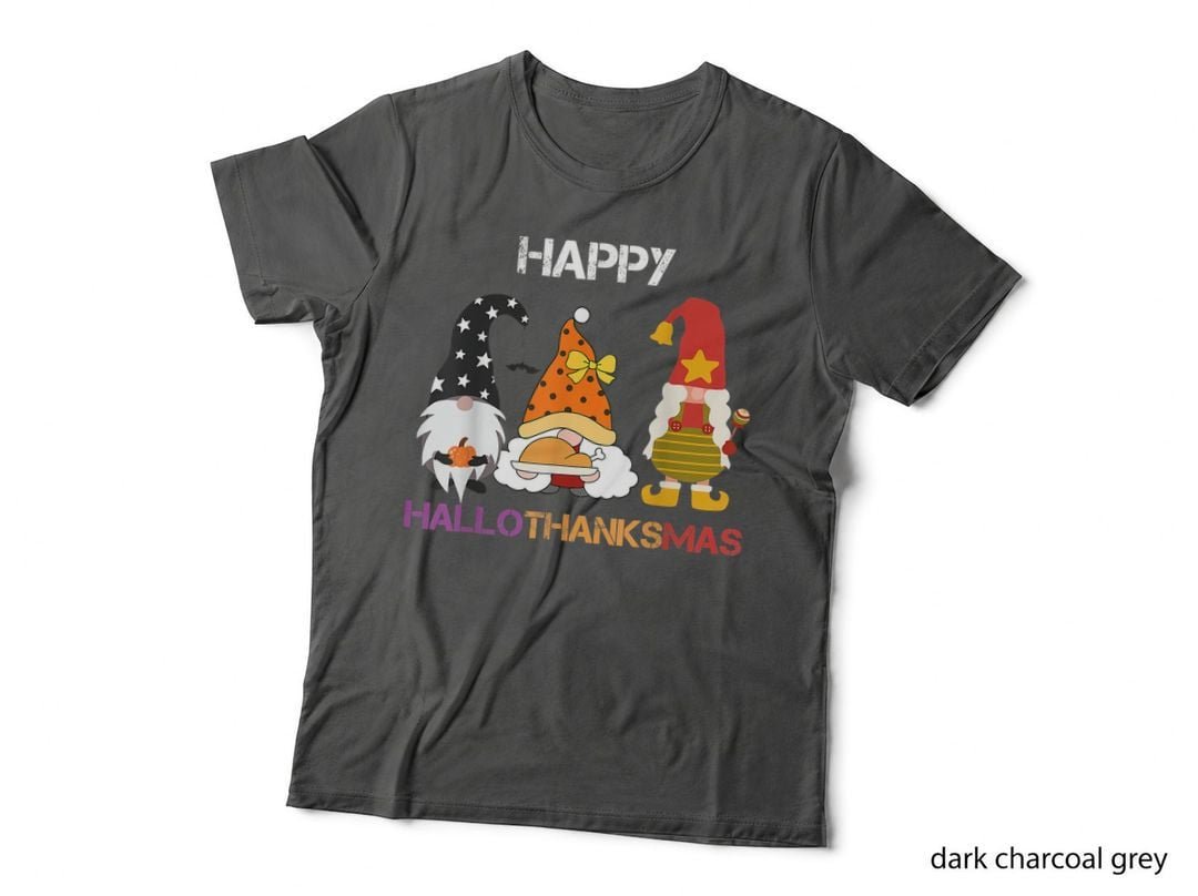 Happy Hallothanksmas Gnomes T-Shirt, Holiday Fusion, Festive Gnome Print