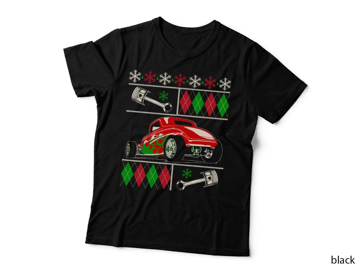 Hot Rod Christmas T-Shirt, Ugly Sweater Style, Festive Car Enthusiast