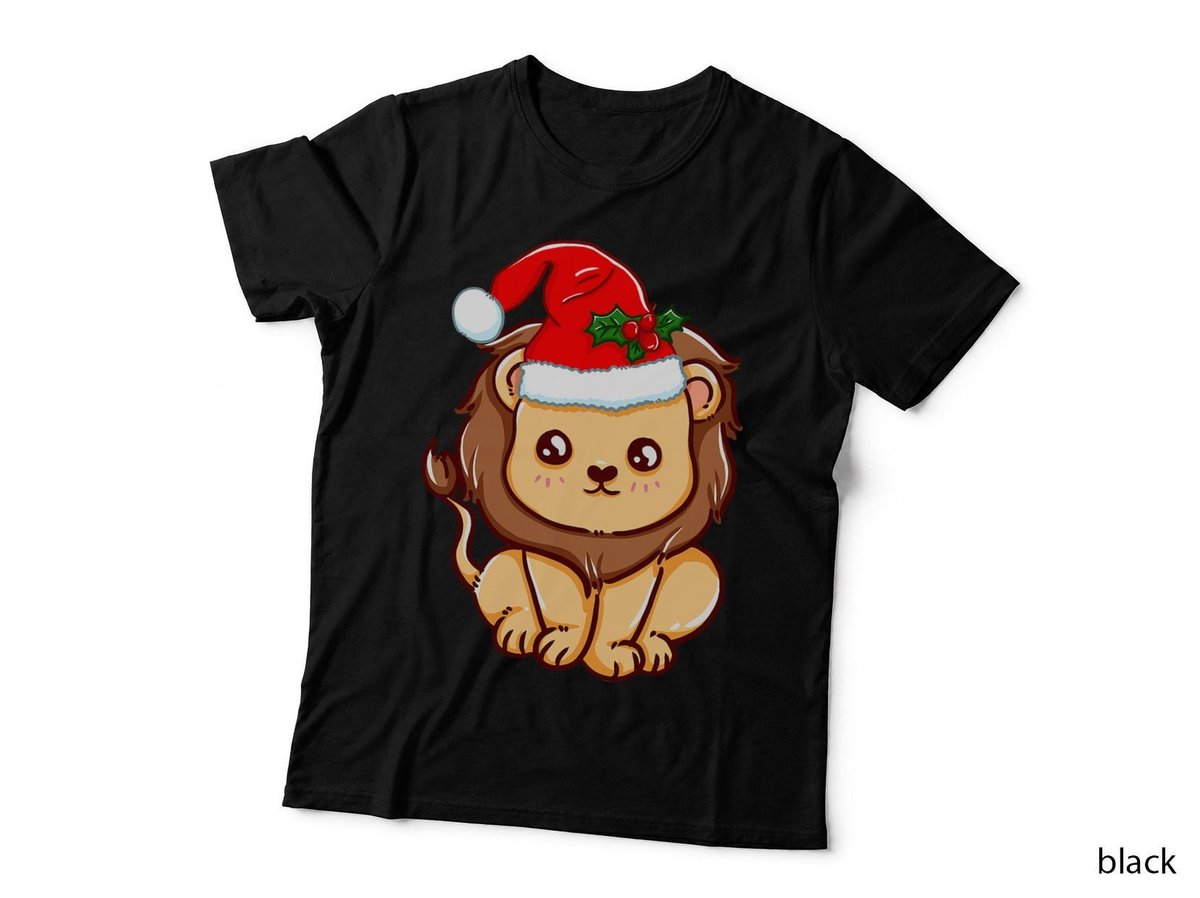 Kawaii Christmas Lion Santa Hat T-Shirt, Festive Animal Design