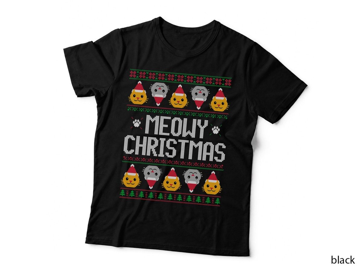 Meowy Ugly Christmas Sweater T-Shirt, Festive Cat Print, Pet Lover Apparel