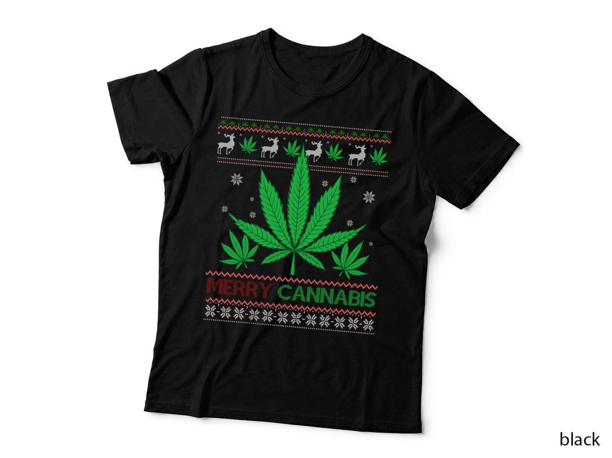 Merry Cannabis T-Shirt, Ugly Christmas Sweater Style, Stoner Leaf Print