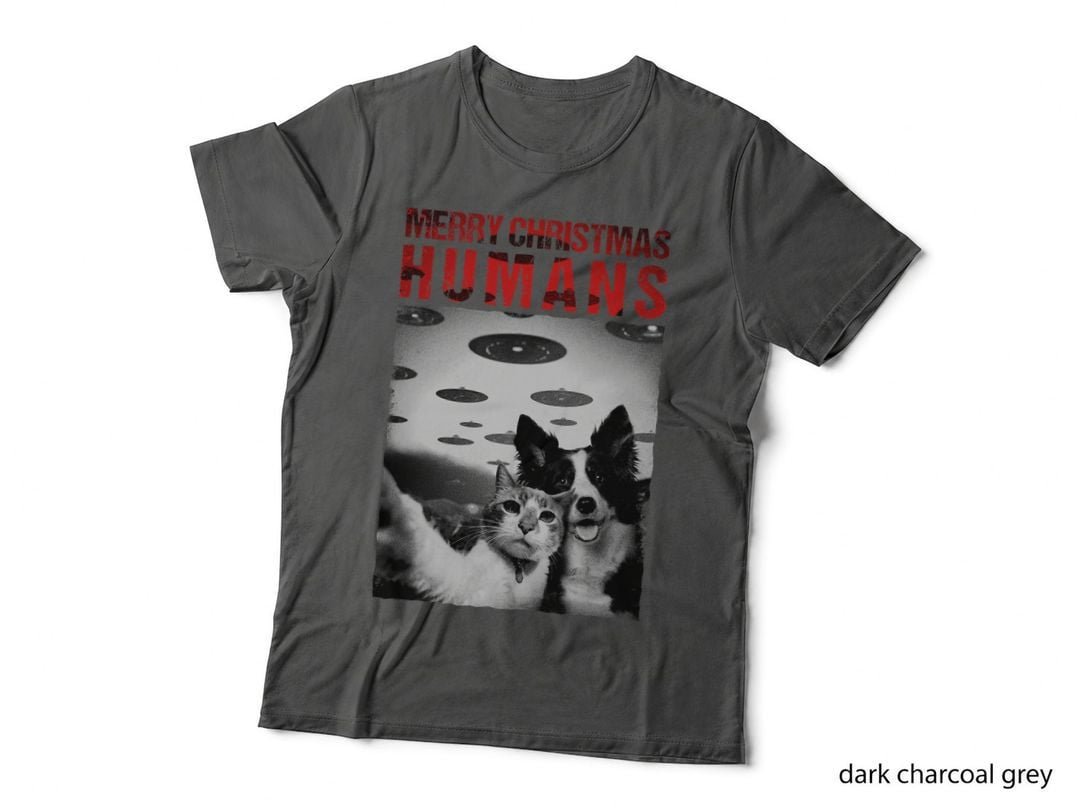 Merry Christmas Humans Cat and Dog UFO T-Shirt, Funny Sarcasm
