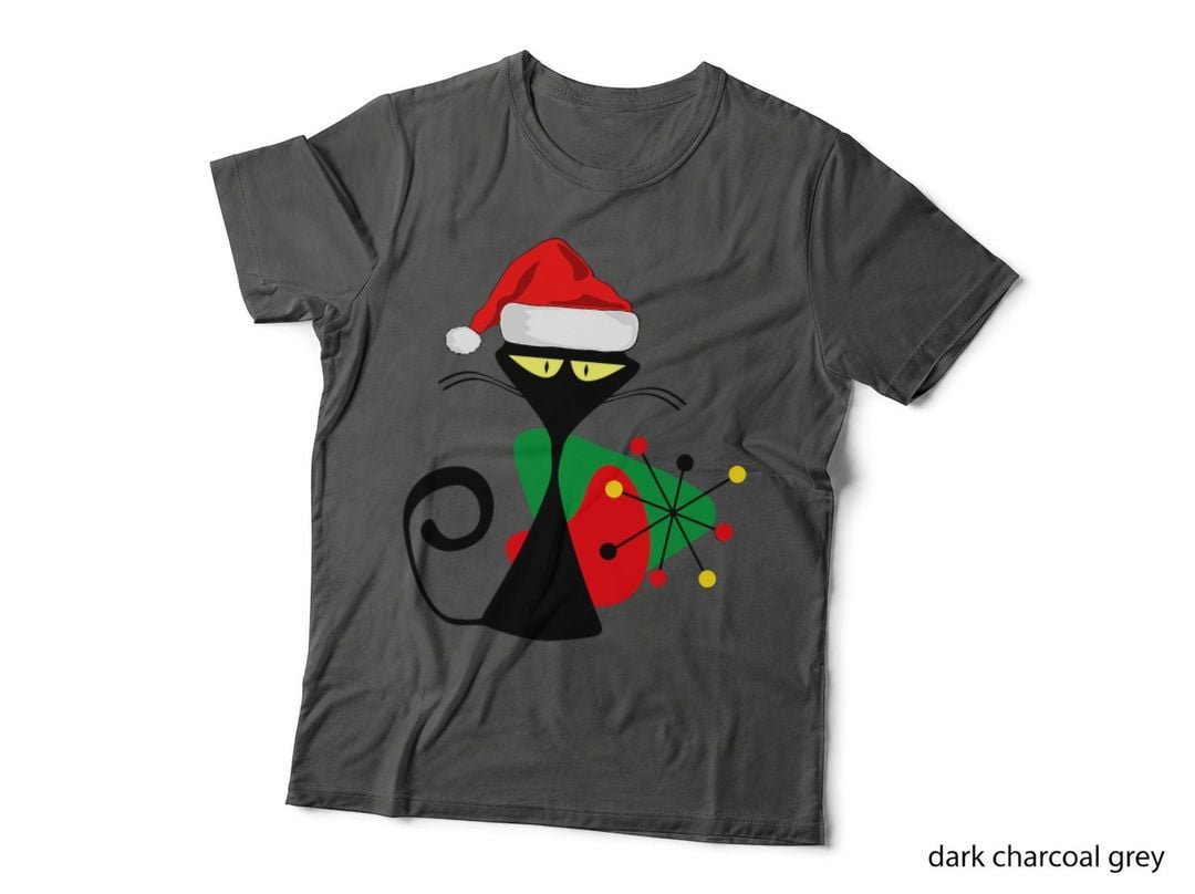 Mid Century Cat Christmas T-Shirt, Retro Atomic Age, Cat Lover Apparel