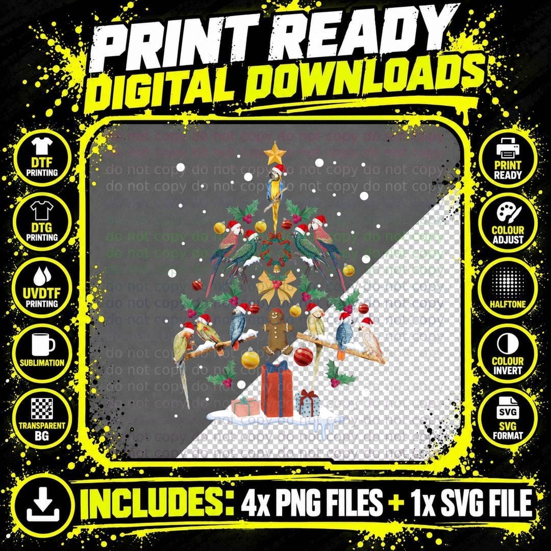 Parrot Christmas Tree T-Shirt, Festive Wildlife Print Png SVG Digital Bundle