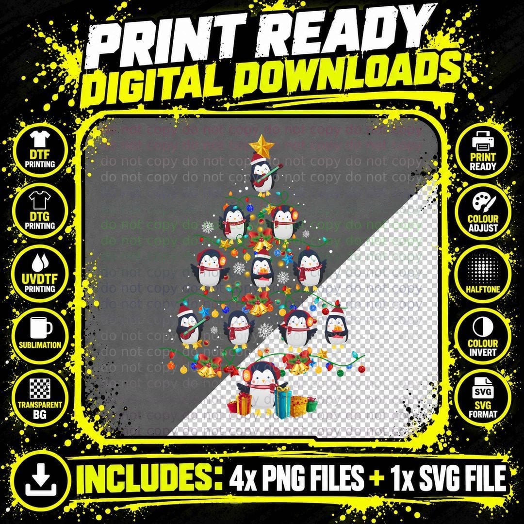 Penguin Christmas Tree T-Shirt, Festive Holiday Print Png SVG Digital Bundle