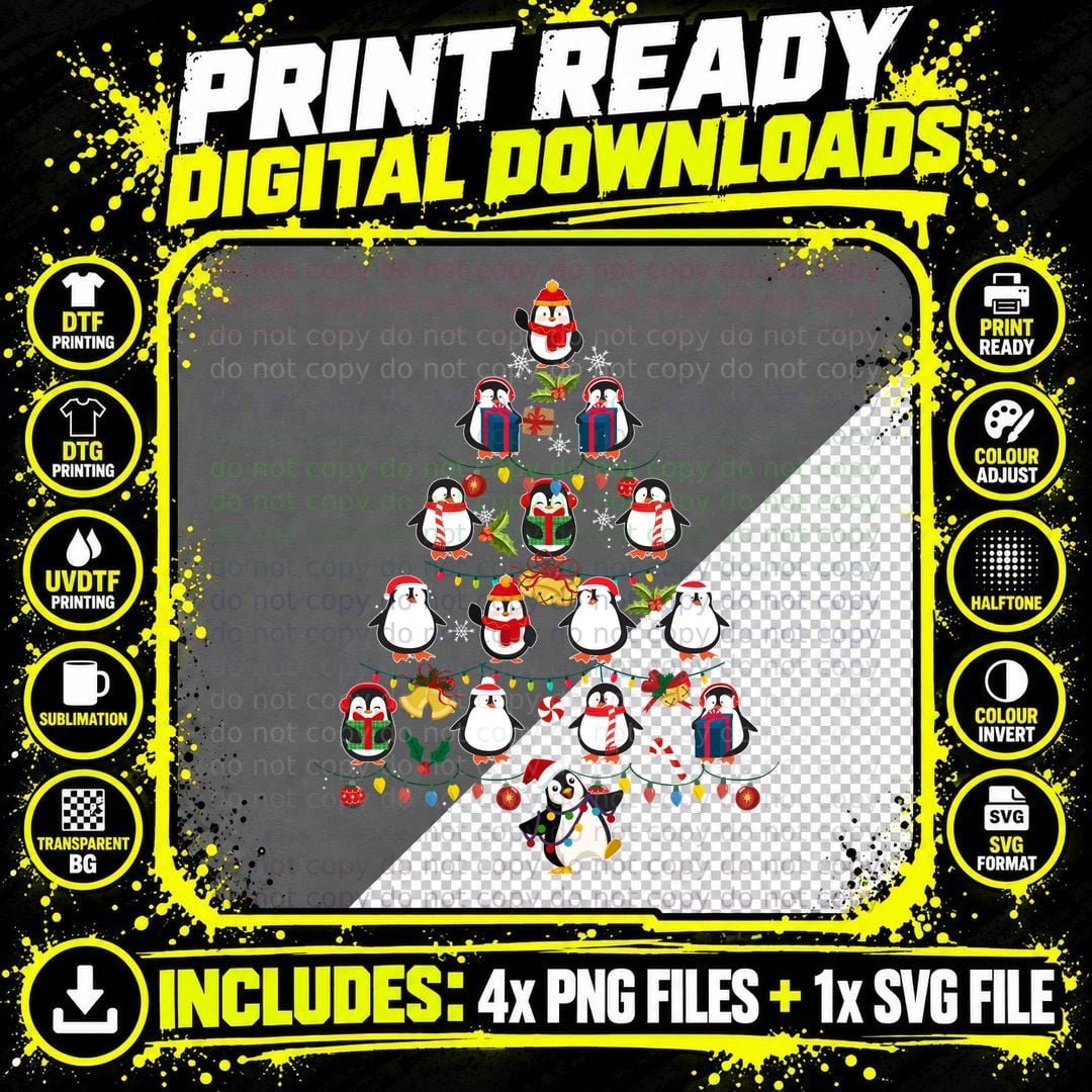 Penguin Christmas Tree T-Shirt, Festive Holiday Style Png SVG Digital Bundle