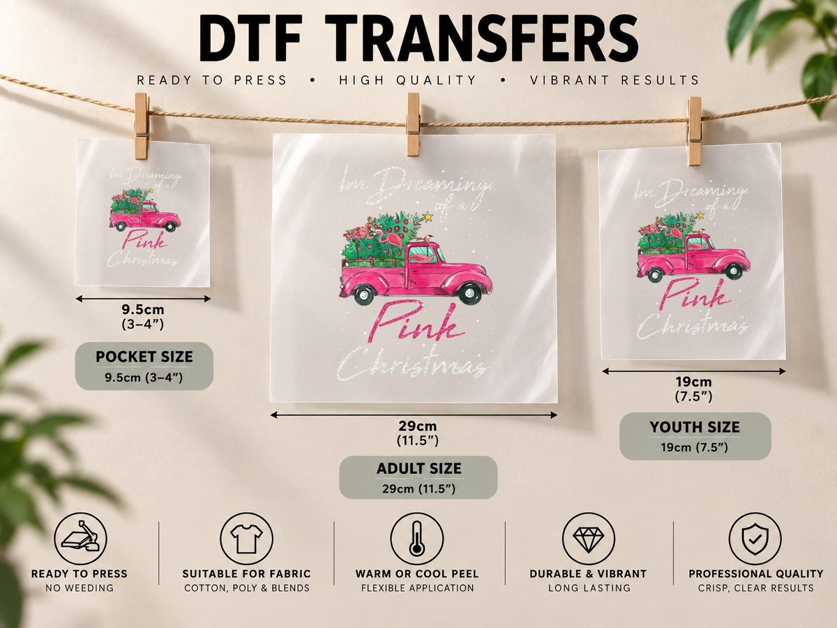 Pink Christmas Tree Pickup Truck, Vintage Holiday Style DTF Transfer Iron On
