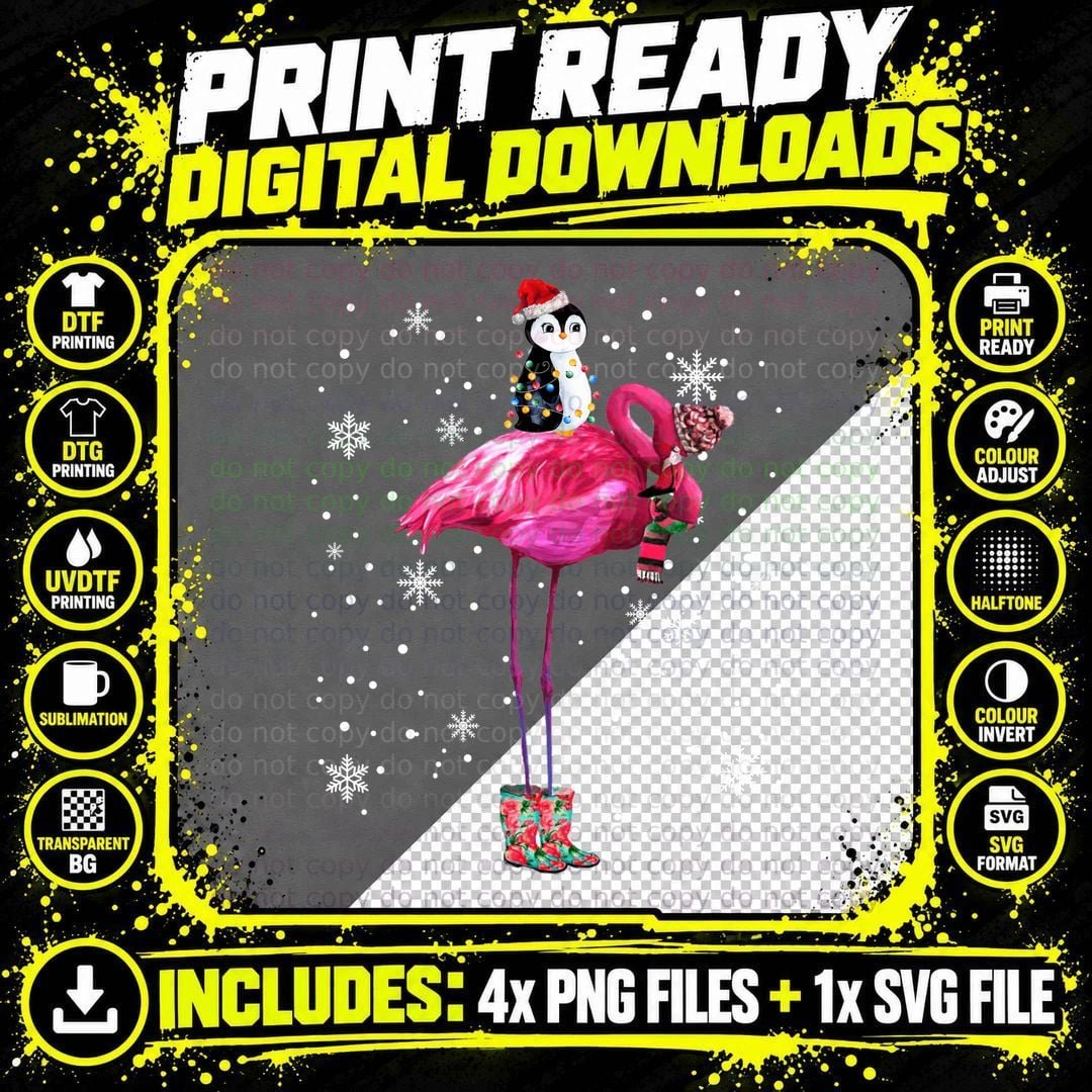 Pink Flamingo Christmas T-Shirt, Festive Holiday Print Png SVG Digital Bundle
