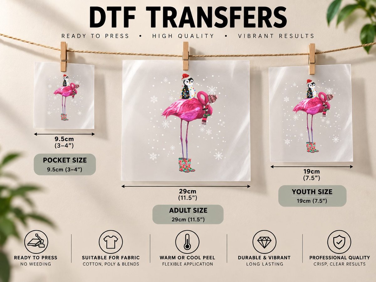Pink Flamingo Christmas, Festive Holiday Print DTF Transfer Iron On
