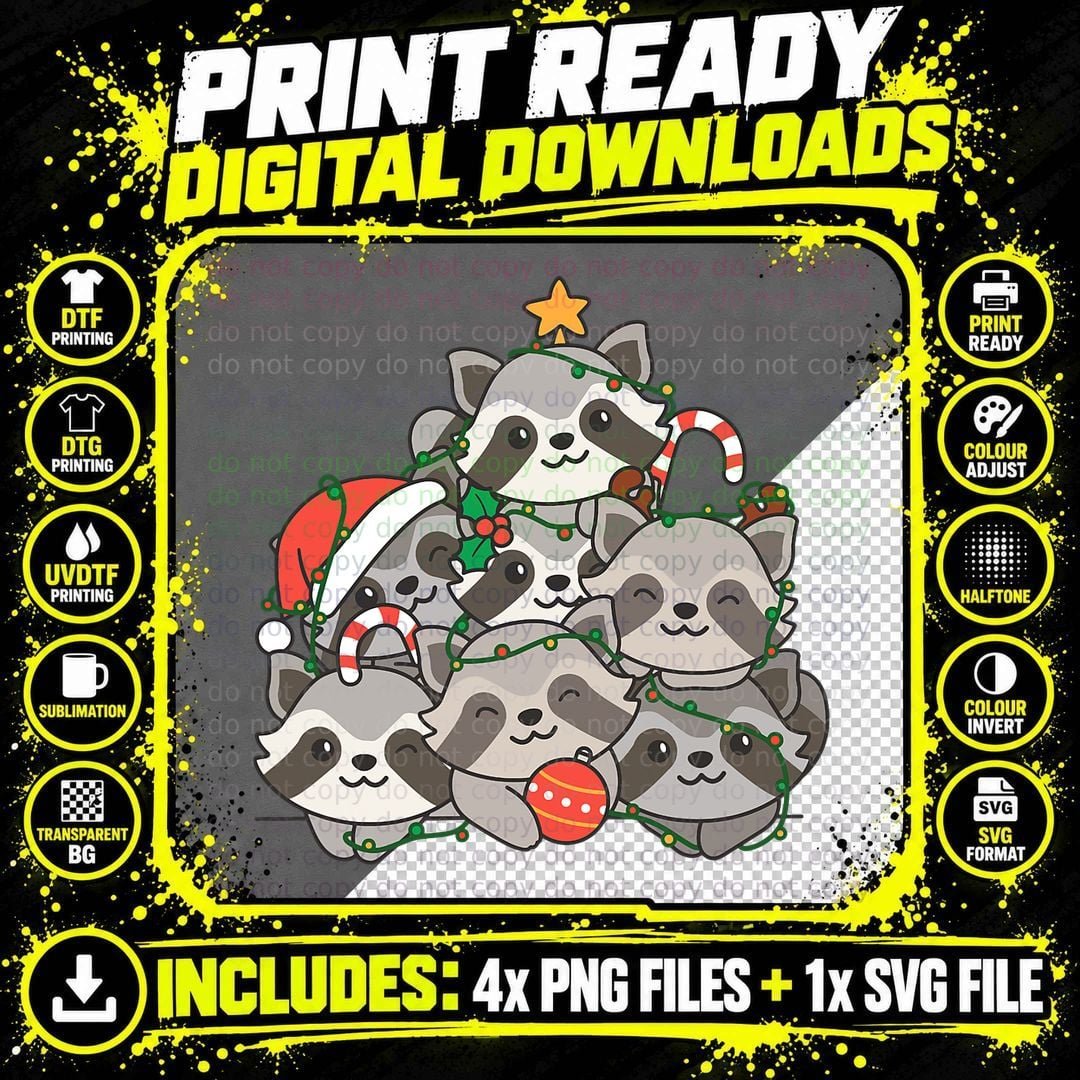 Raccoon Christmas Tree Funny Animal T-Shirt Png SVG Digital Bundle
