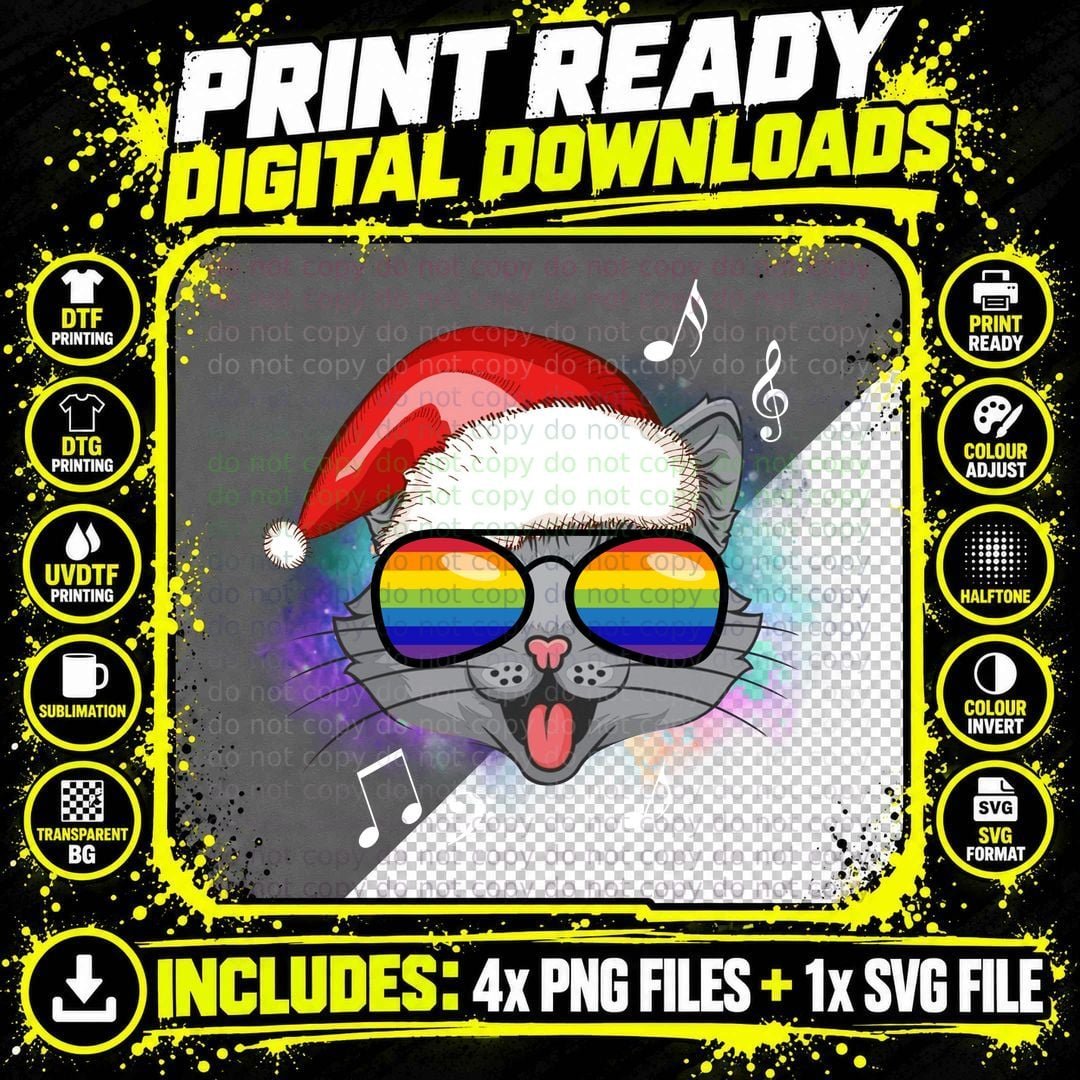Rainbow Cat Santa Hat T-Shirt, Pride Christmas Style Png SVG Digital Bundle