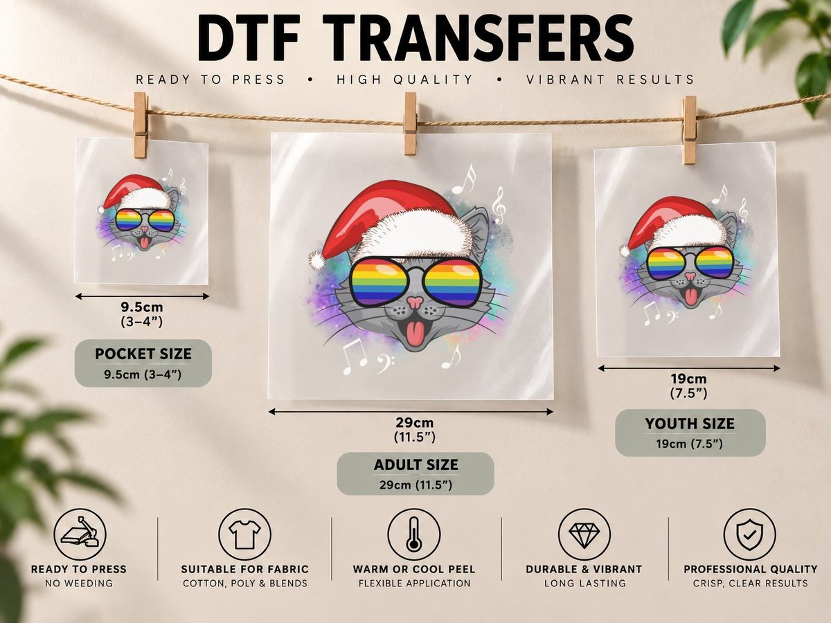 Rainbow Cat Santa Hat, Pride Christmas Style DTF Transfer Iron On