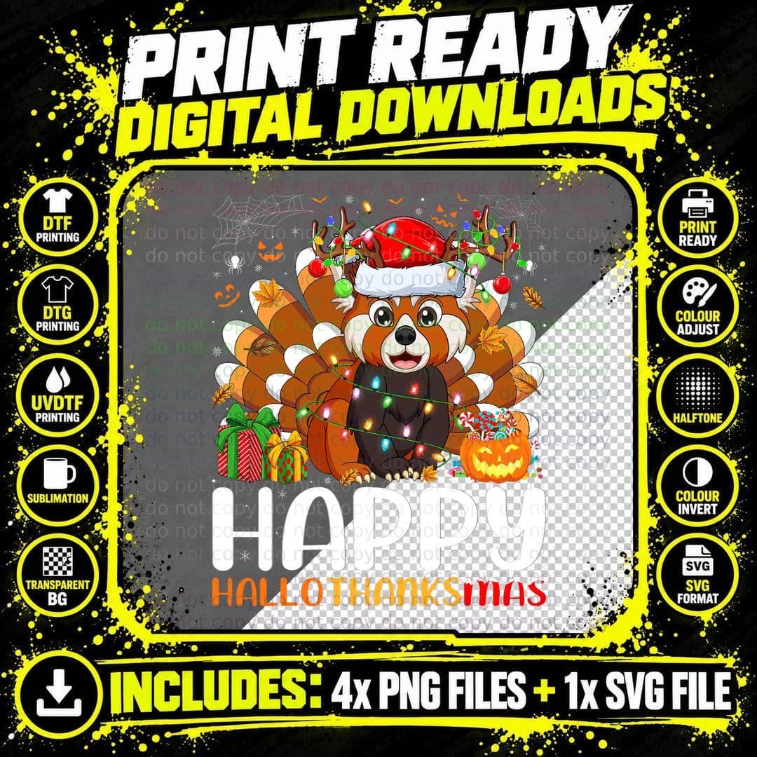 Red Panda Lover Halloween Christmas Happy Hallothanksmas Png SVG Digital Bundle