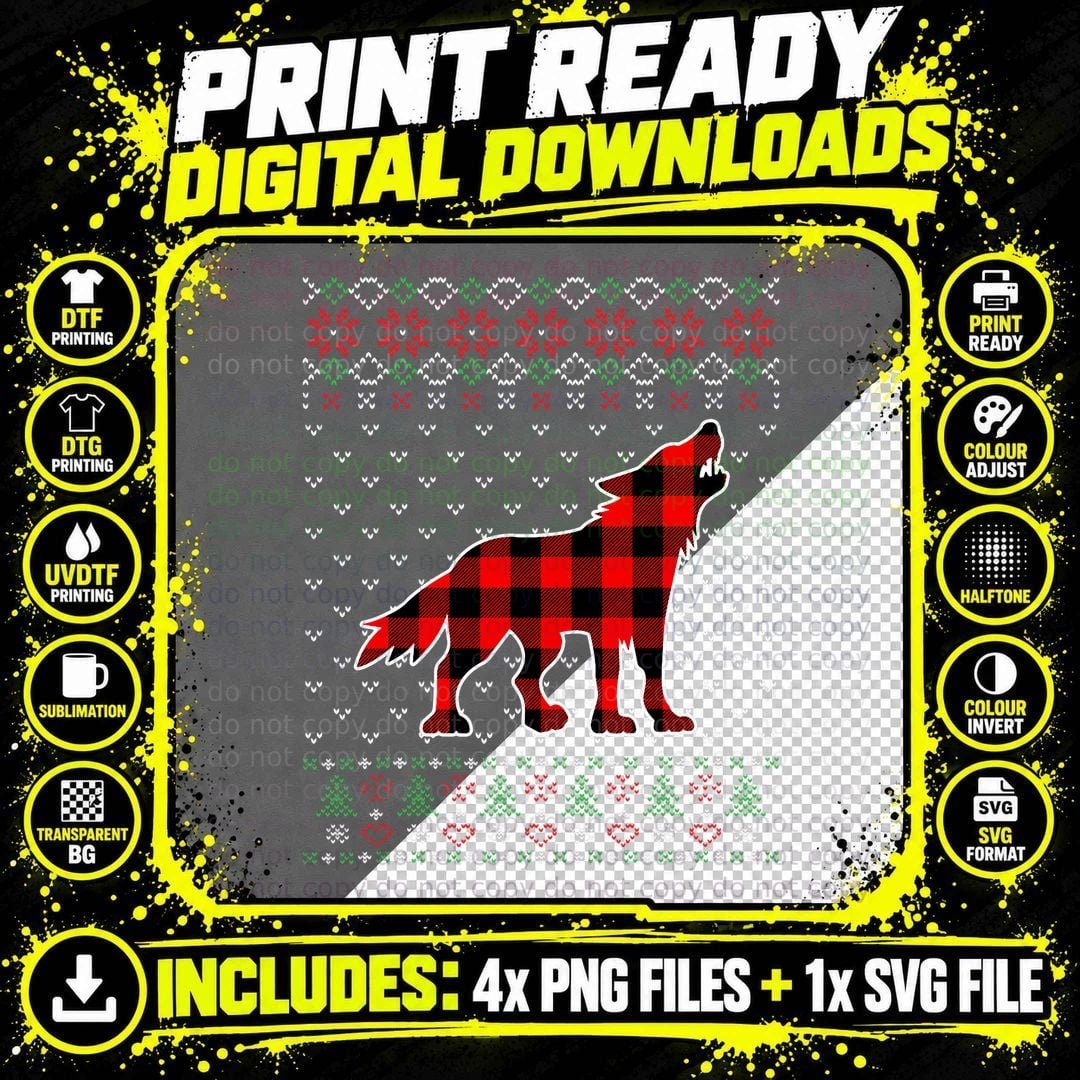 Red Plaid Christmas Wolf T-Shirt, Ugly Sweater Style Png SVG Digital Bundle