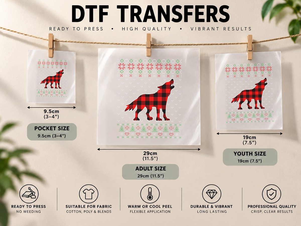 Red Plaid Christmas Wolf, Ugly Style, Holiday Animal Lover DTF Transfer Iron On