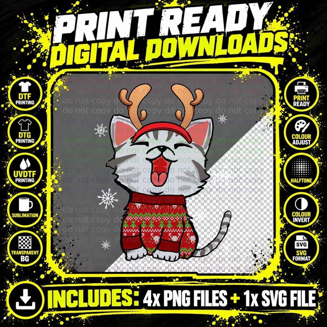 Reindeer Cat T-Shirt, Festive Holiday Print Png SVG Digital Bundle