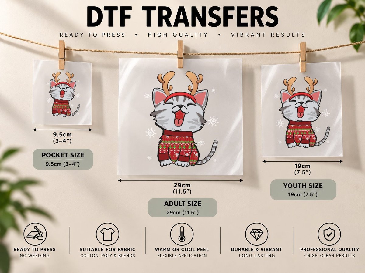 Reindeer Cat, Festive Holiday Print, Christmas DTF Transfer Iron On