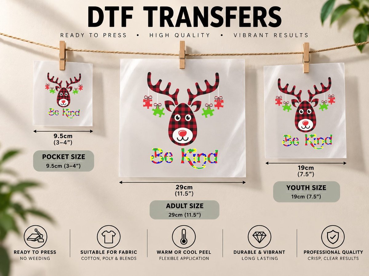 Reindeer Plaid, Christmas Holiday Style, Festive Gift Idea DTF Transfer Iron On