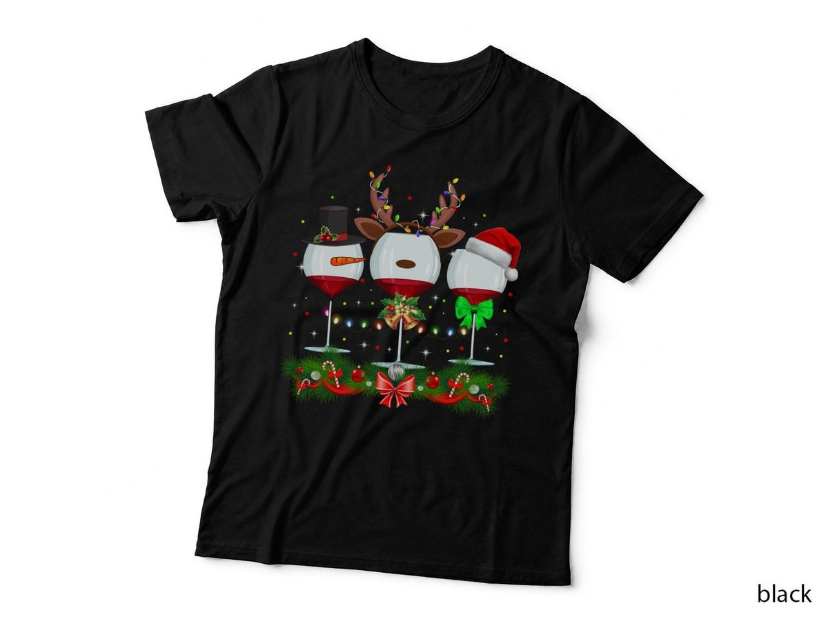 Reindeer Wine Glasses T-Shirt, Festive Christmas Theme, Holiday Party Wear
