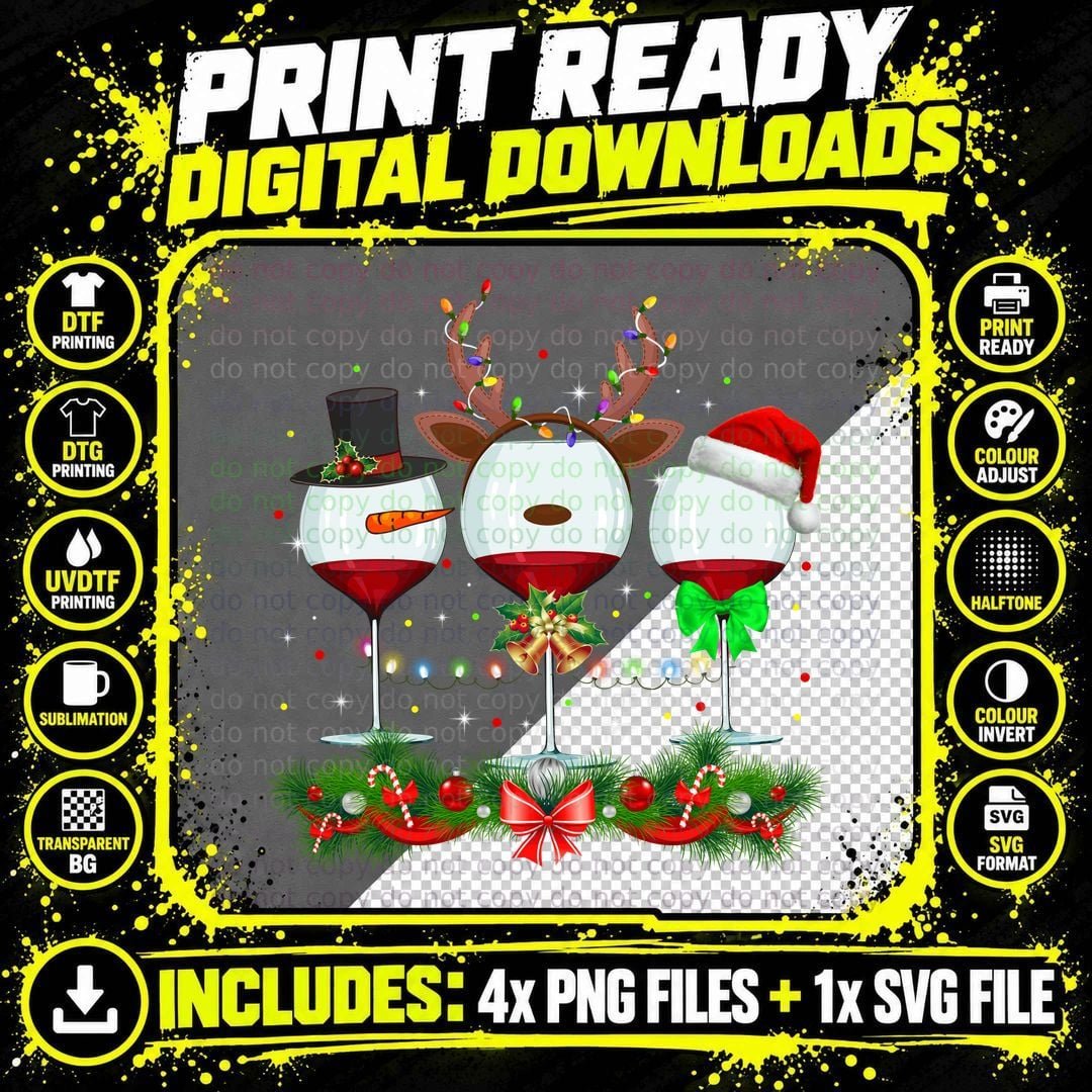 Reindeer Wine Glasses T-Shirt, Festive Christmas Theme Png SVG Digital Bundle