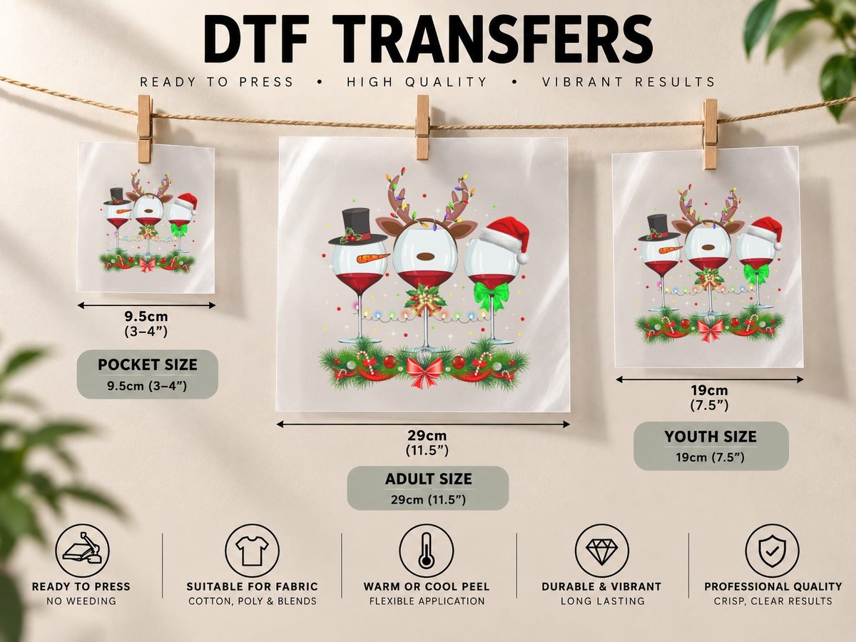Reindeer Wine Glasses, Festive Christmas Theme DTF Transfer Iron On