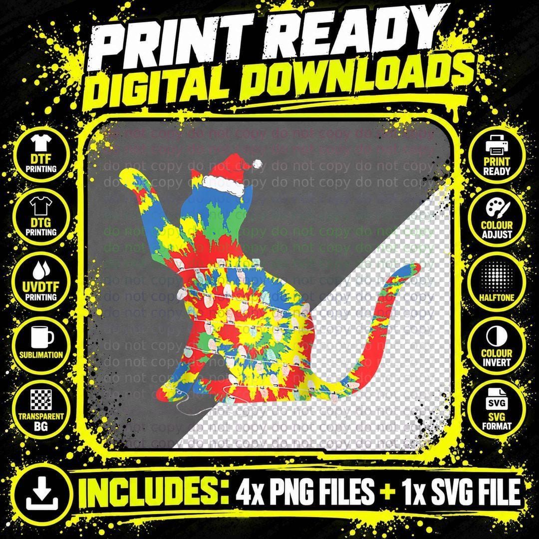 Retro Cat Tie Dye Christmas Cat Holiday Apparel T-Shirt Png SVG Digital Bundle