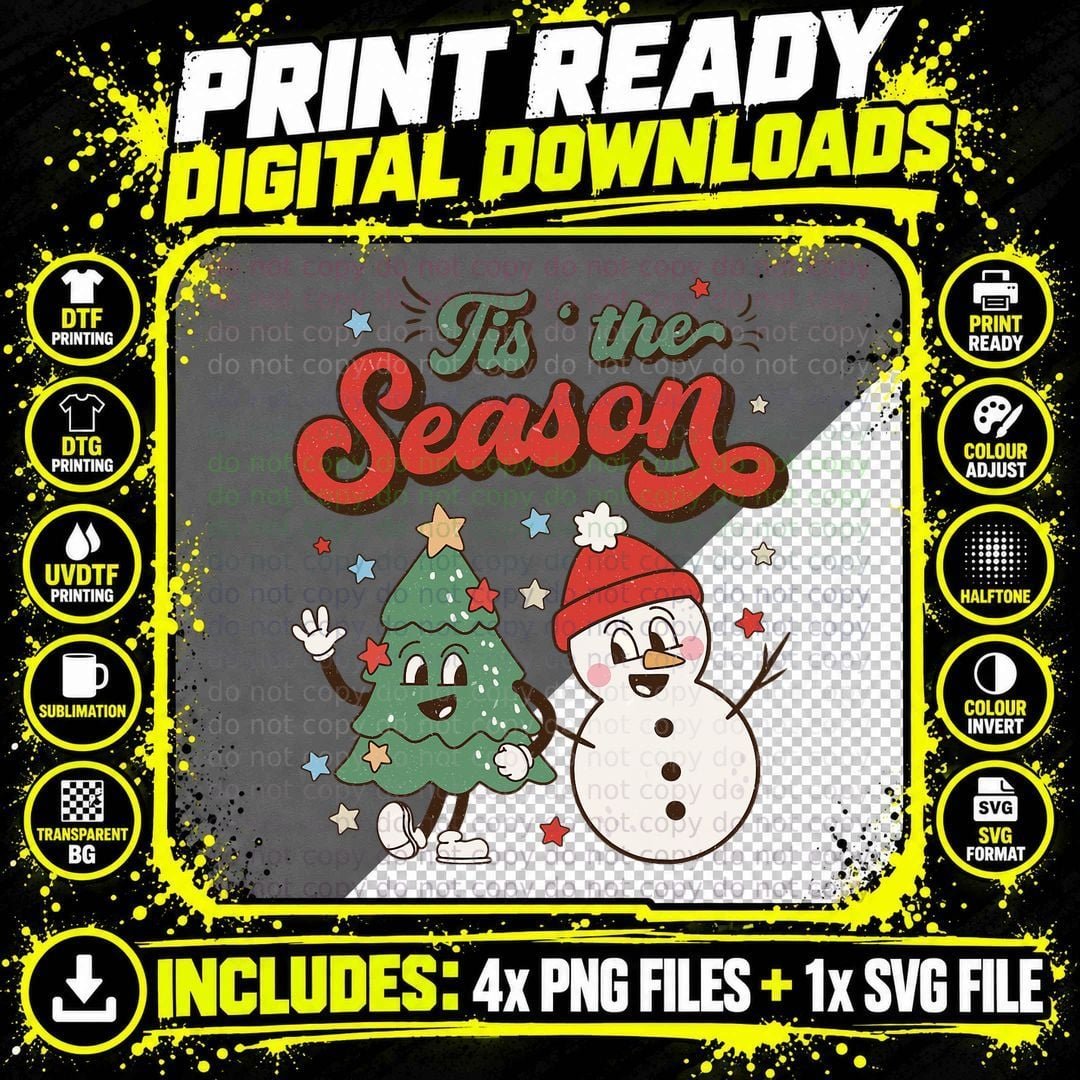 Retro Christmas Tis the Season Christmas Tree Snowman Png SVG Digital Bundle