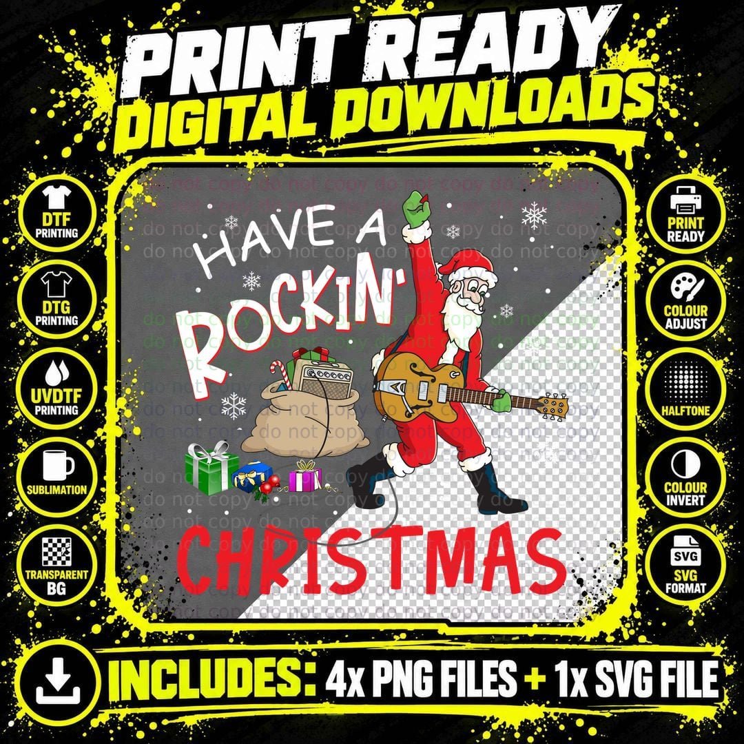 Rockin' Christmas Santa T-Shirt, Festive Holiday Music Png SVG Digital Bundle