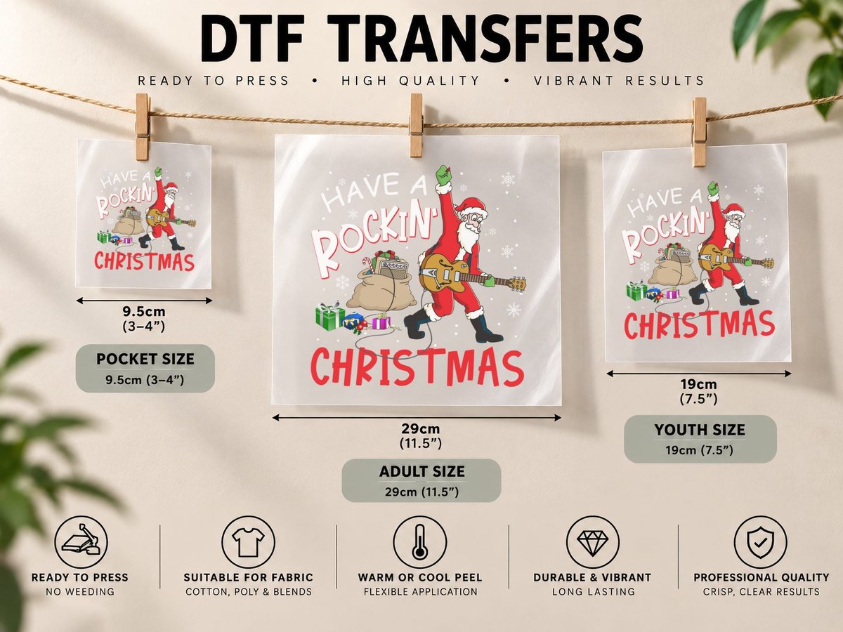 Rockin' Christmas Santa, Festive Holiday Music, Christmas DTF Transfer Iron On