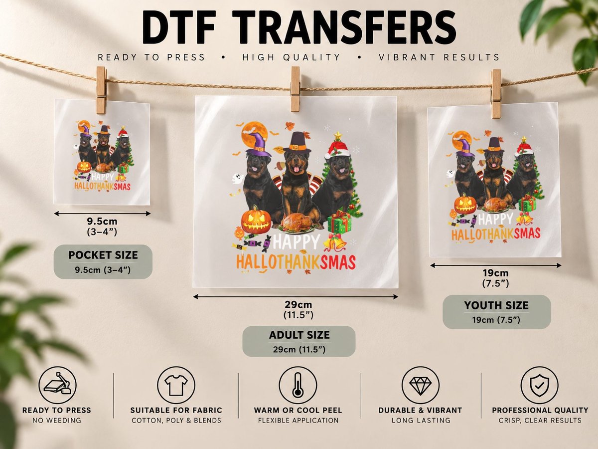 Rottweiler Halloween Merry Christmas, Holiday Themed DTF Transfer Iron On
