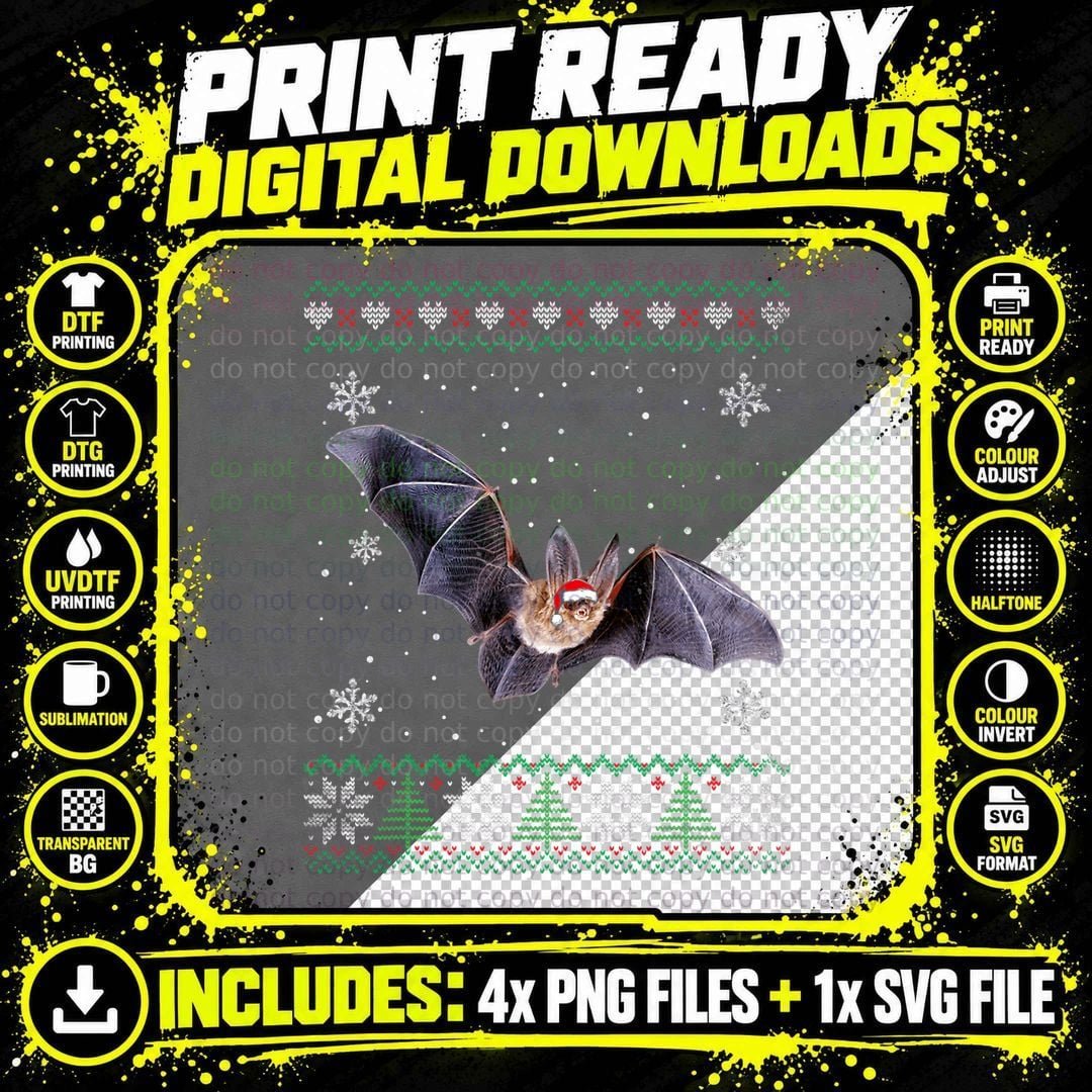 Santa Bat Ugly Sweater T-Shirt, Christmas Animal Print Png SVG Digital Bundle