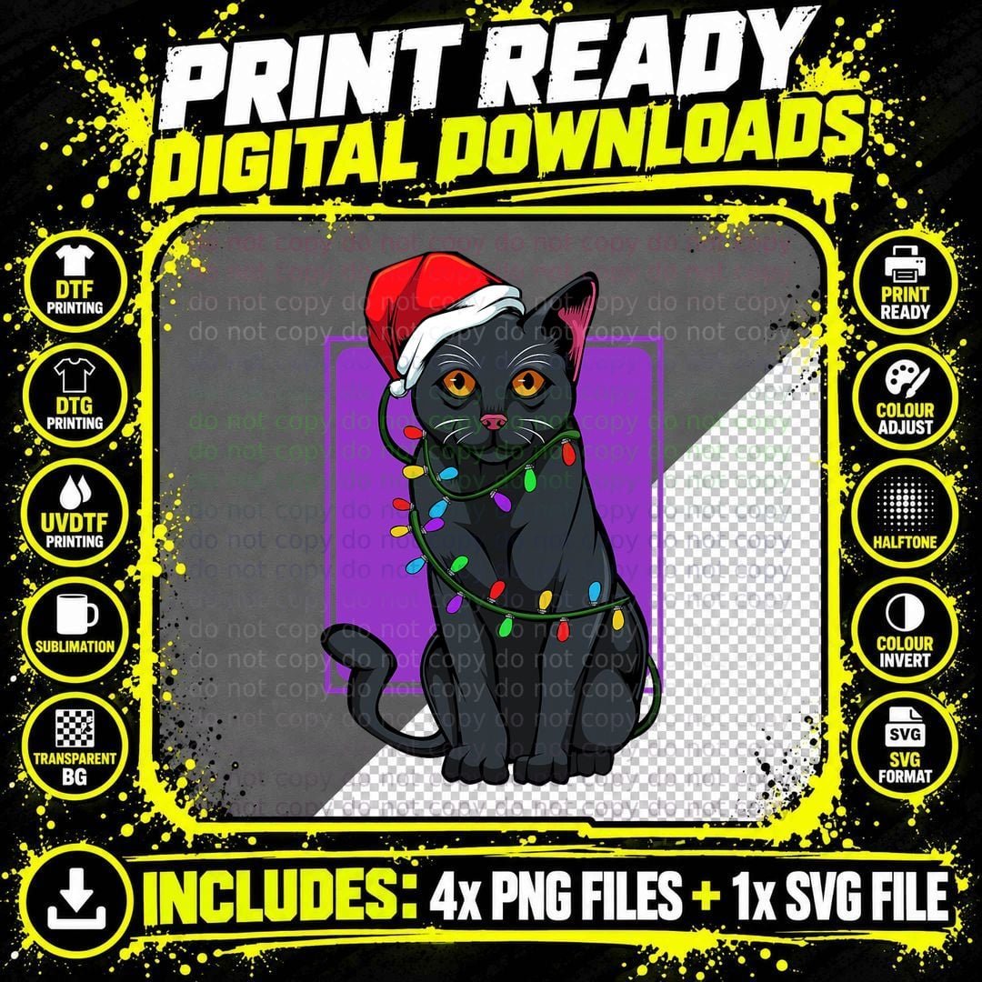 Santa Black Cat Christmas Tree Lights T-Shirt Png SVG Digital Bundle