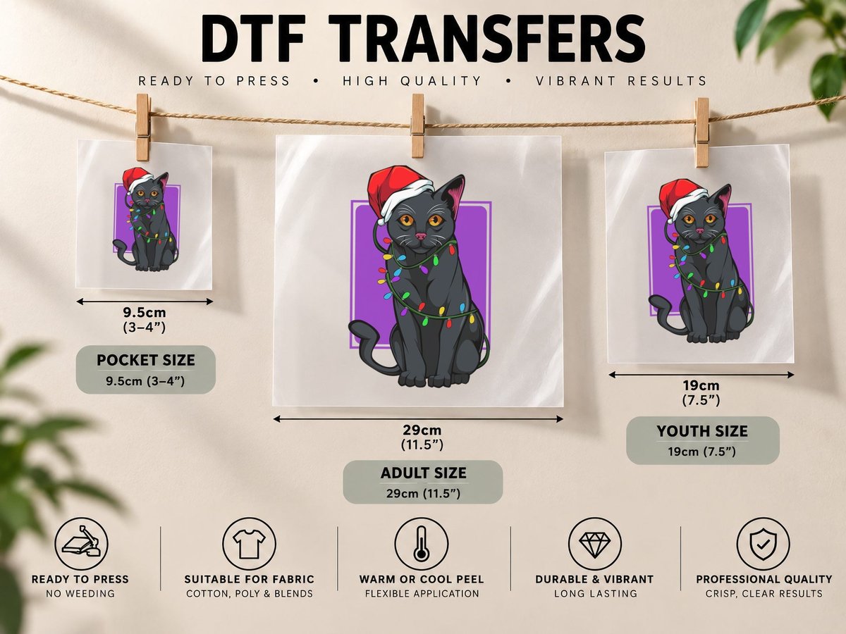 Santa Black Cat Christmas Tree Lights DTF Transfer Iron On